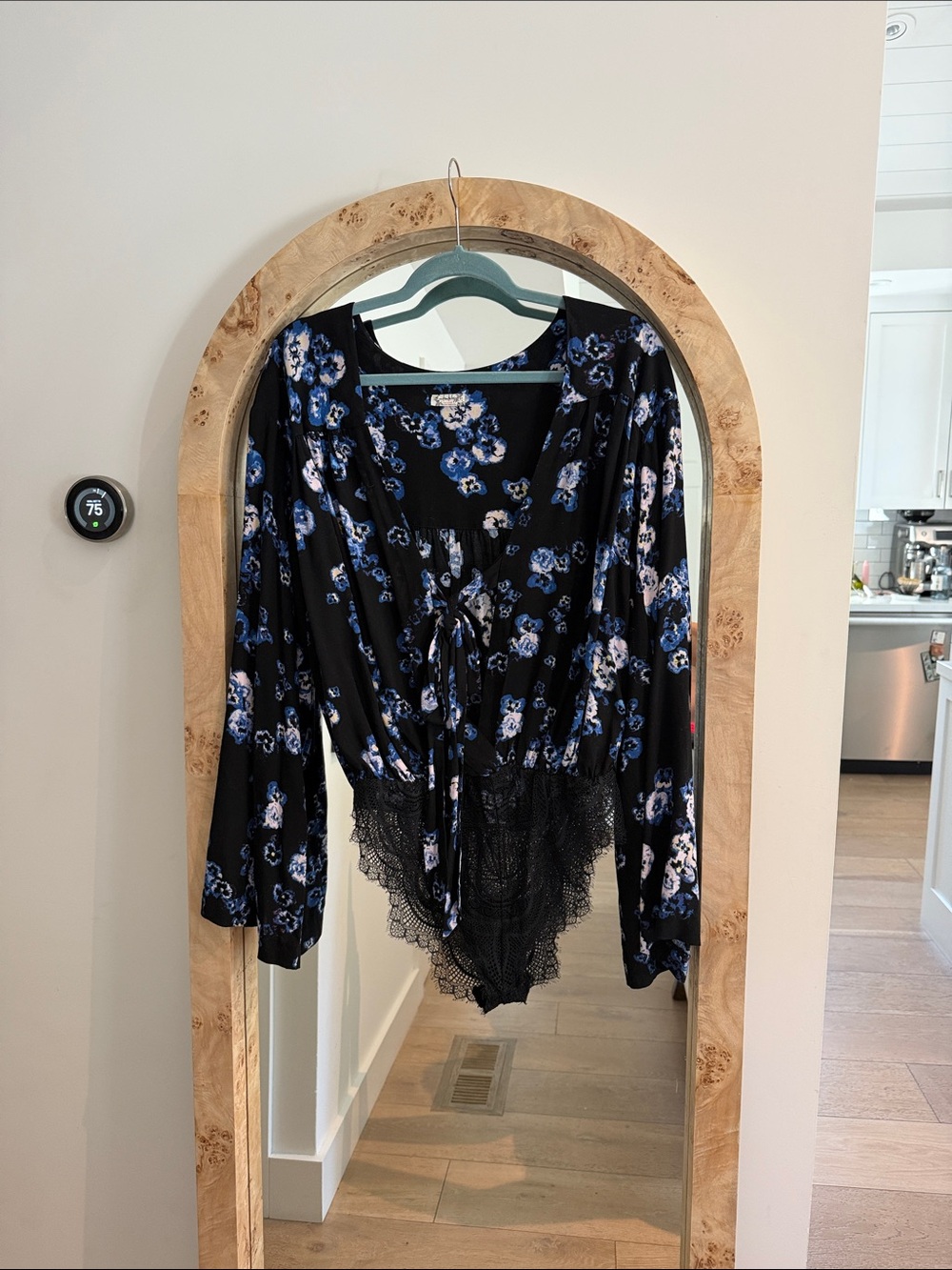 Free People Black w/ Blue Floral & Lace Trim Long-Sleeve Bodysuit size m/l